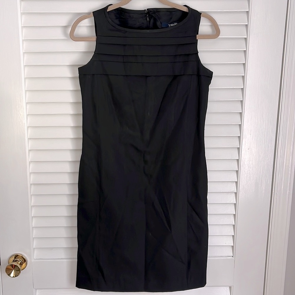 ‘S MaxMara LBD Little Black Dress Nylon Twill Pleat Chest sz 6 8